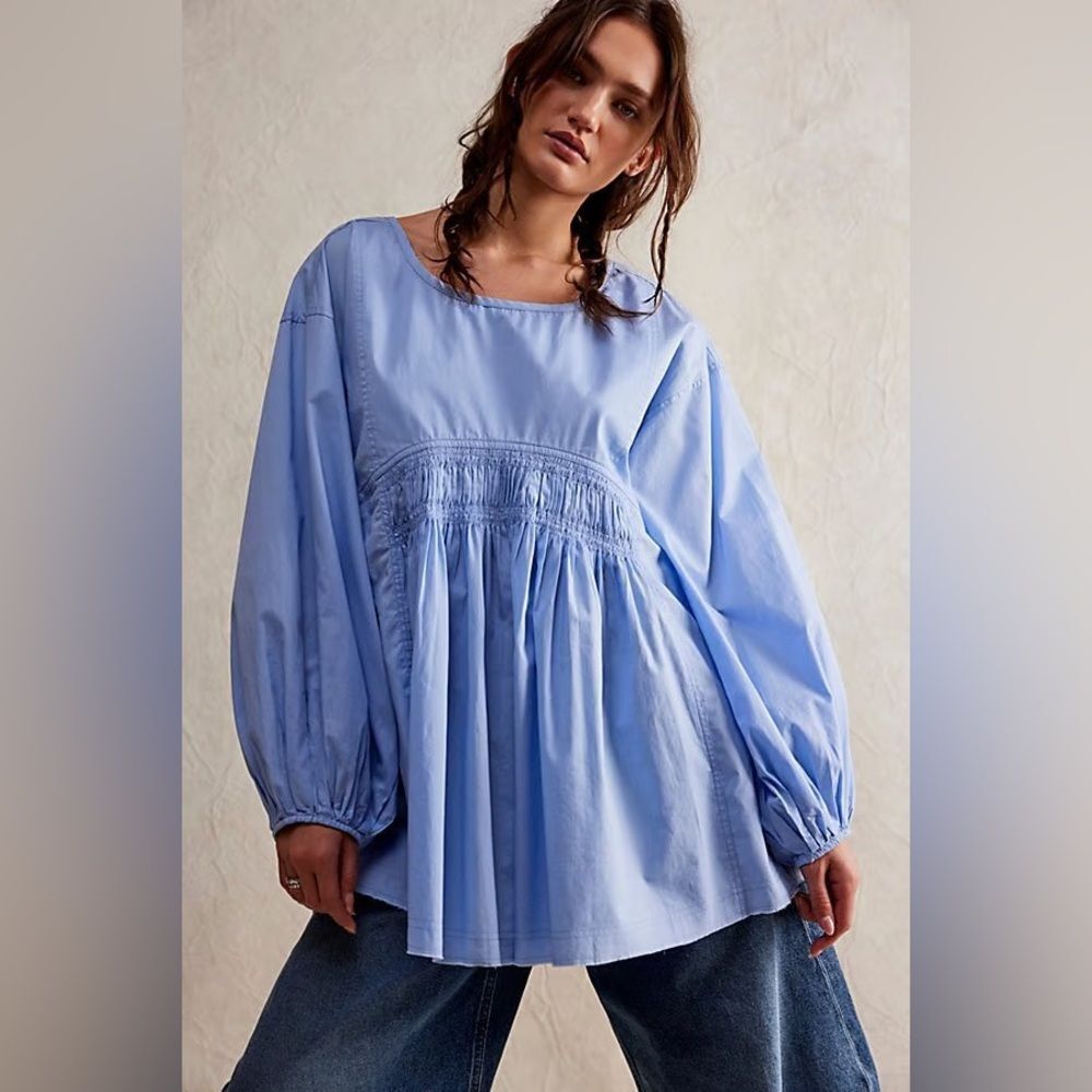 New We The Free Blue Smocked Babydoll Tunic Long Sleeve M